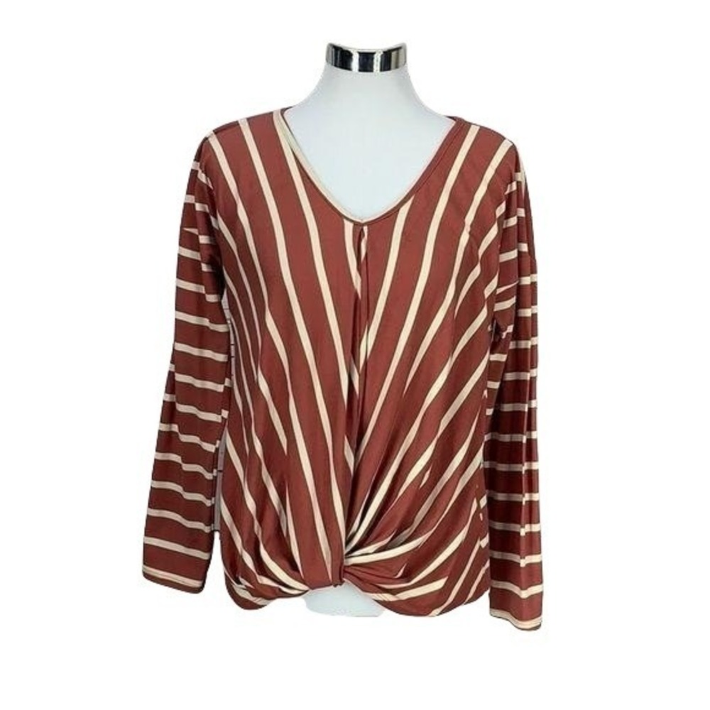 Twenty Second Rust Brown Striped Twist Front V-Neck Long Sleeve Top Small